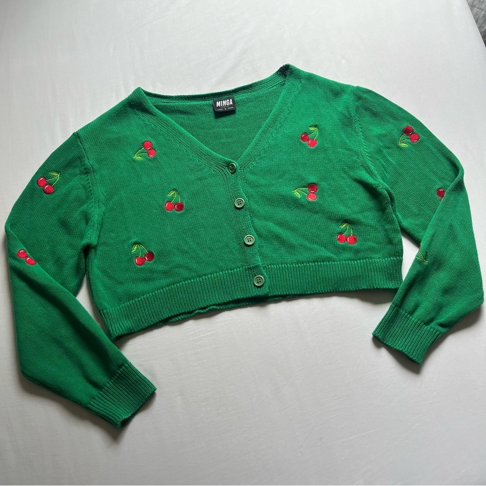 MINGA LONDON green cherry fruit patch embroidered boxy cropped cardigan